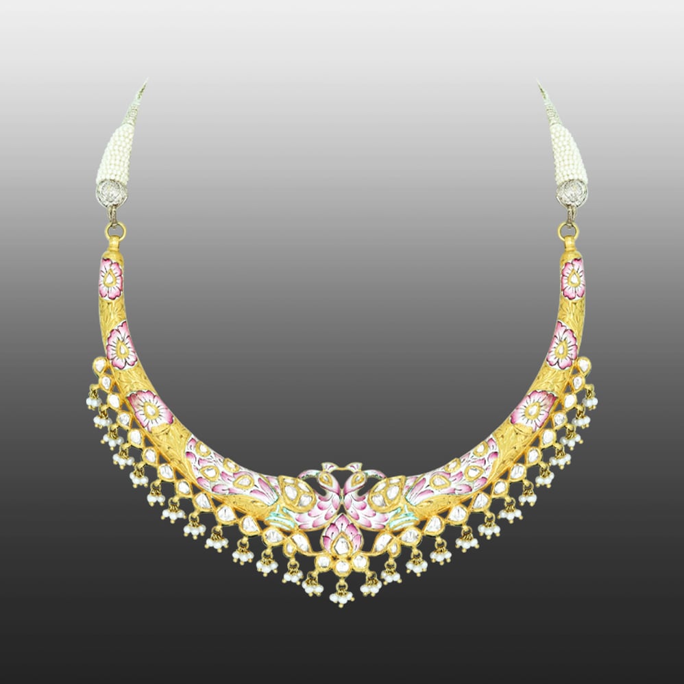 Hasli Necklace with Pink Enamel and Polki Pearls